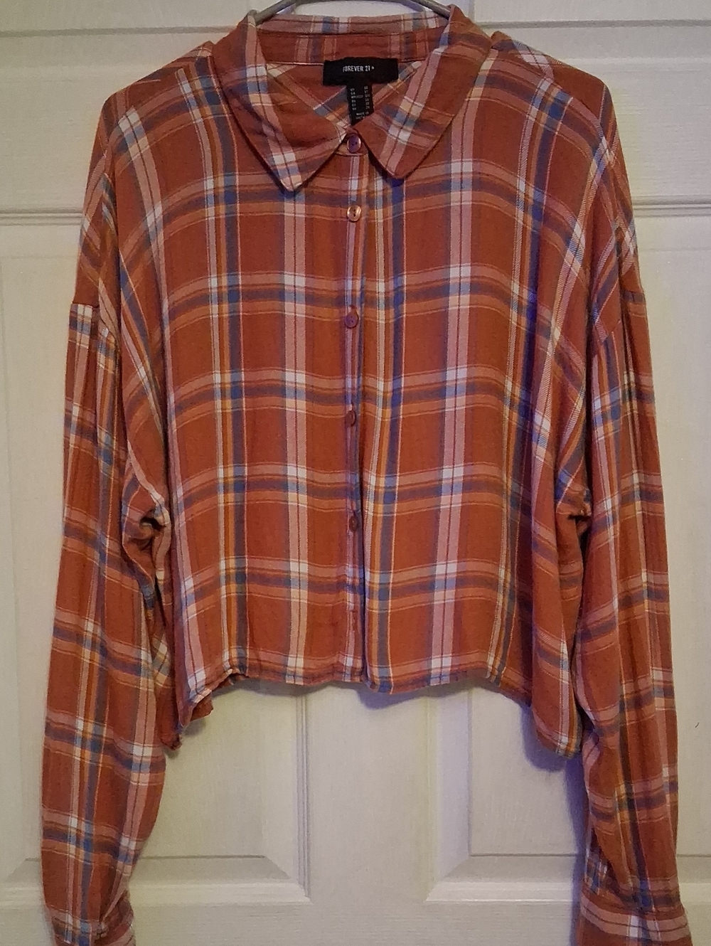 Forever 21 Rust Orange Plaid Button-Down Cropped Shirt